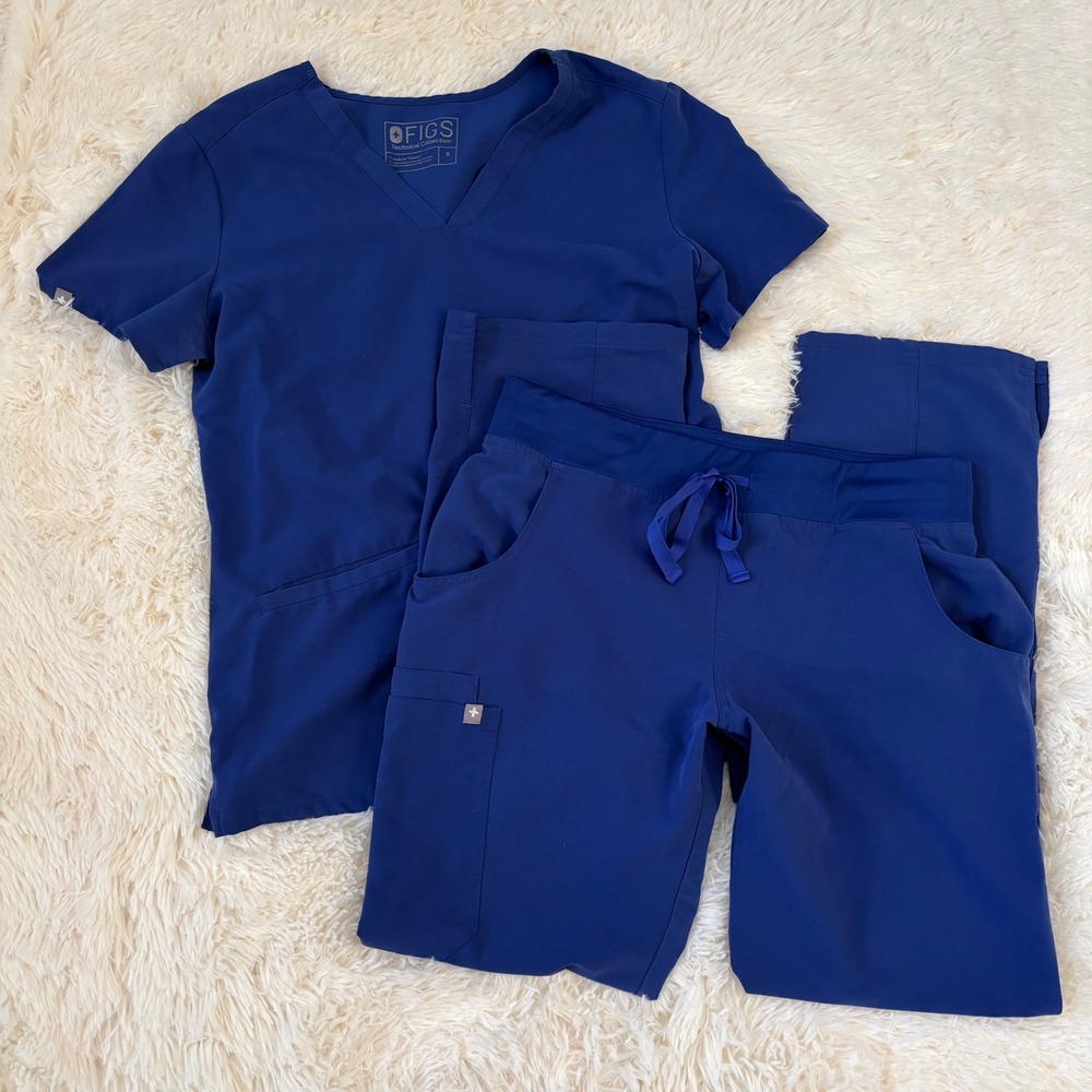 FIGS Technical Collection Scrub Set Navy Blue V-Neck Top & Cargo Pants Small
